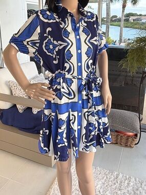 Blue and White Printed Shirt Dress with Tie Waist